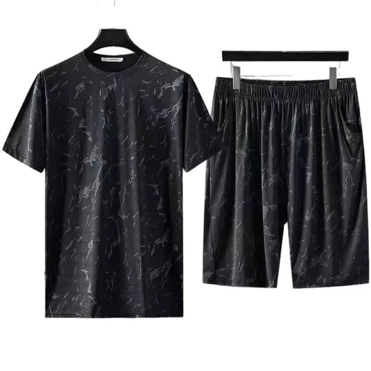 Ice Silk Short Sleeve Short Pants Set Casual Loose Fit Men's Clothing Breathable Sportswear Summer Outfit Two-Piece Suit - Ellianto fashion Men's