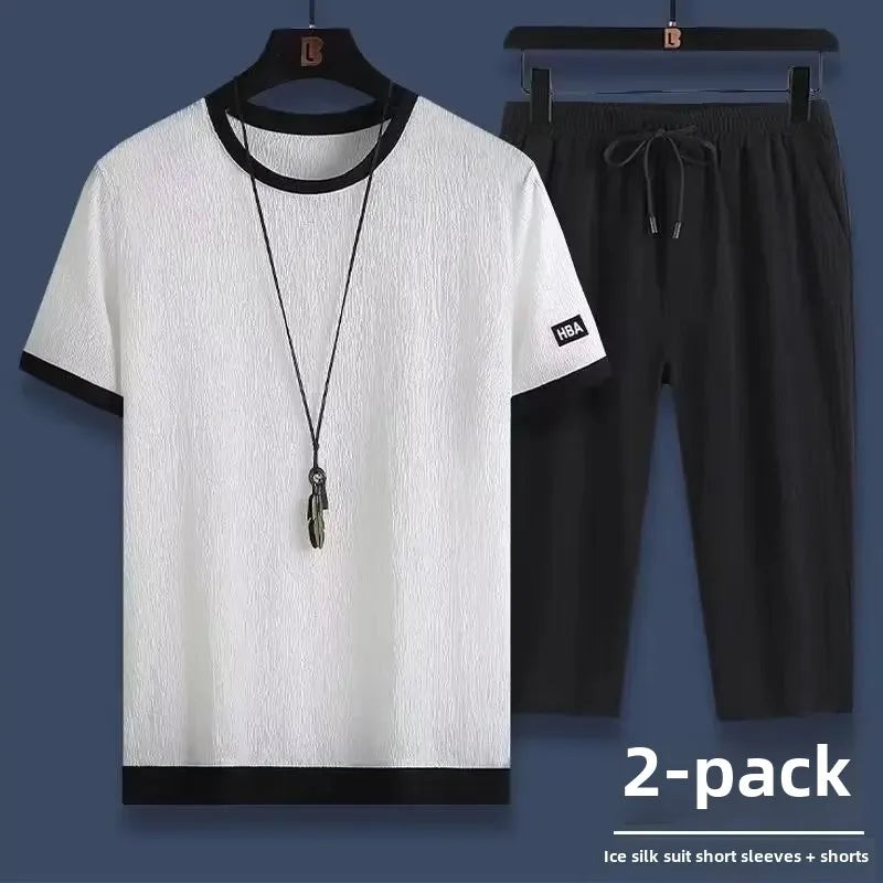 Ice Silk Summer Casual Sports Suit Men's Short Sleeve T-Shirt Shorts Set Fashionable Two-Piece Set for Men Comfortable Breathabl - Ellianto fashion Men's