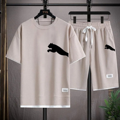 Set 2025 new casual sportswear for men summer two-piece clothing short-sleeved round neck and shorts two fashionable clothes - Ellianto fashion Men's