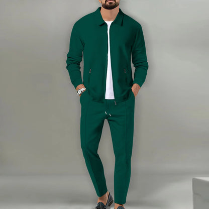 Set Autumnwinter men's casual blazer set new fashion Waffle baseball suit round neck pocket zipper long sleeve trousers two-piece se - Ellianto fashion Men's