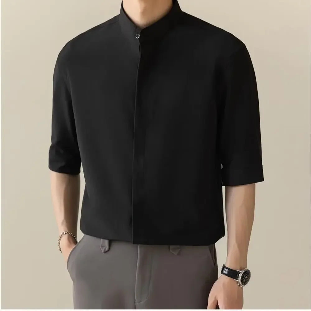Summer Stand-Collar Ice Silk Shirt – Lightweight, Smooth Fit for Effortless Style and Cool Confidence