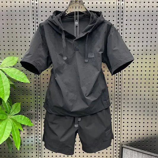 Men's Summer Quick Dry Sun Protection Set Loose Fit Short Sleeve Hoodie Two Piece Suit Thin Material Comfortable Breathable - Ellianto fashion Men's