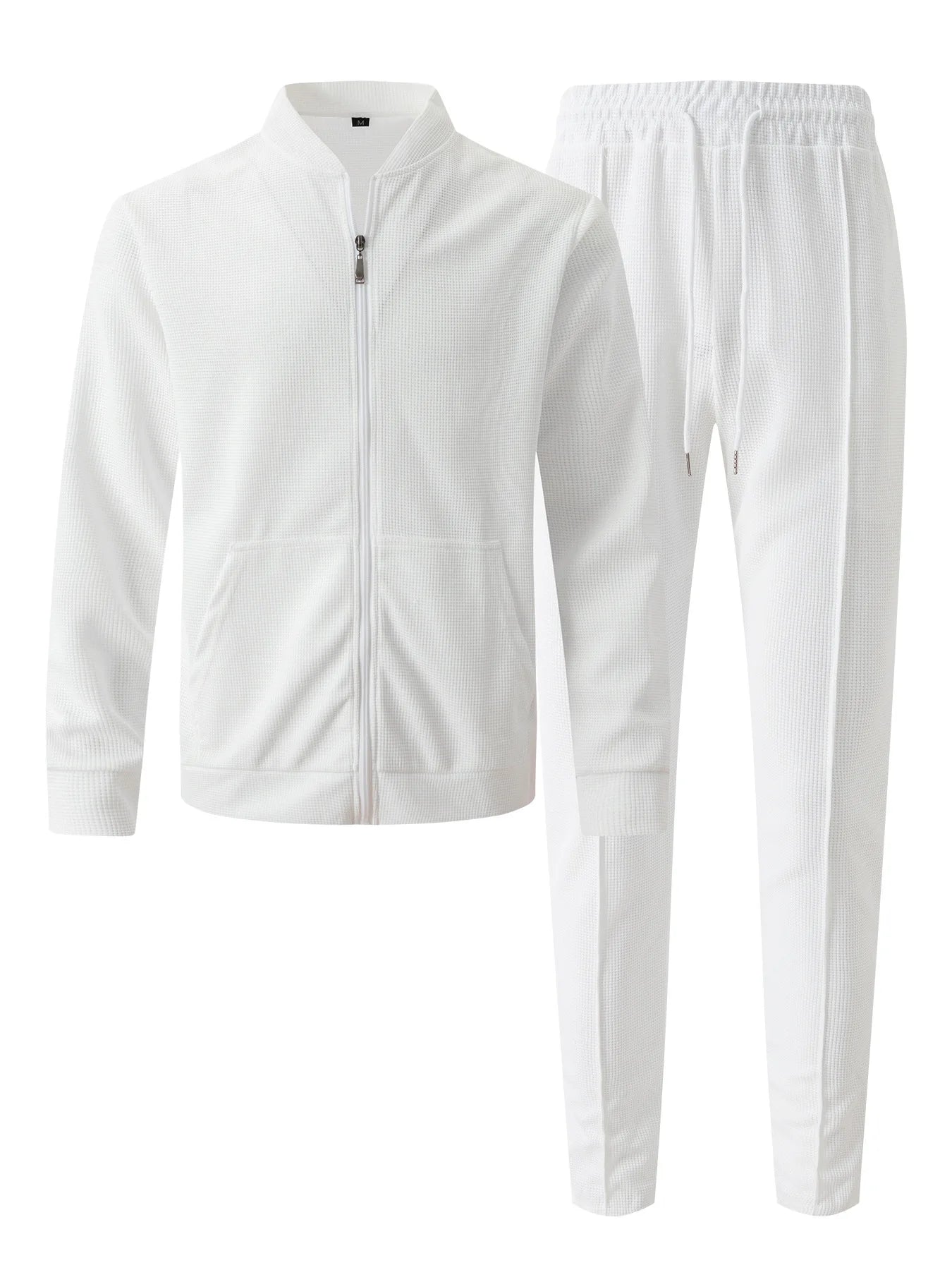 Set Autumnwinter men's casual blazer set new fashion Waffle baseball suit round neck pocket zipper long sleeve trousers two-piece se - Ellianto fashion Men's