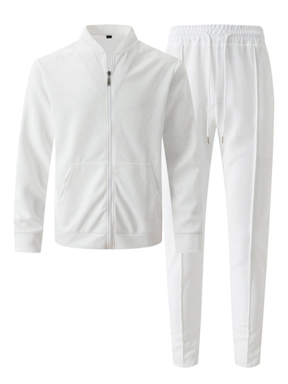 Set Autumnwinter men's casual blazer set new fashion Waffle baseball suit round neck pocket zipper long sleeve trousers two-piece se - Ellianto fashion Men's
