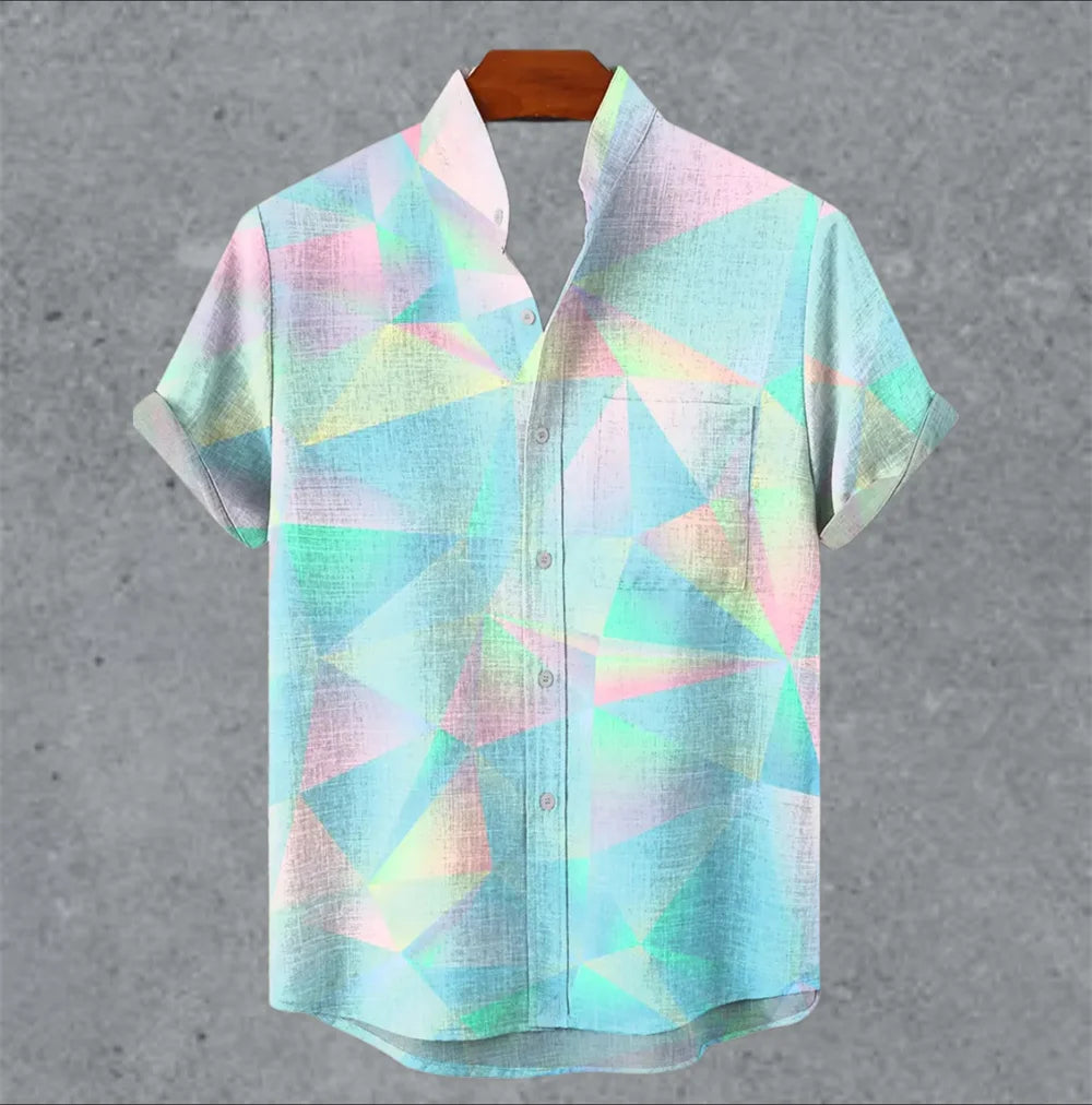 Art retro vintage men's shirt with mottled marks, standing collar printed short sleeved shirt, casual and comfortable top S-5XL - Ellianto fashion Men's