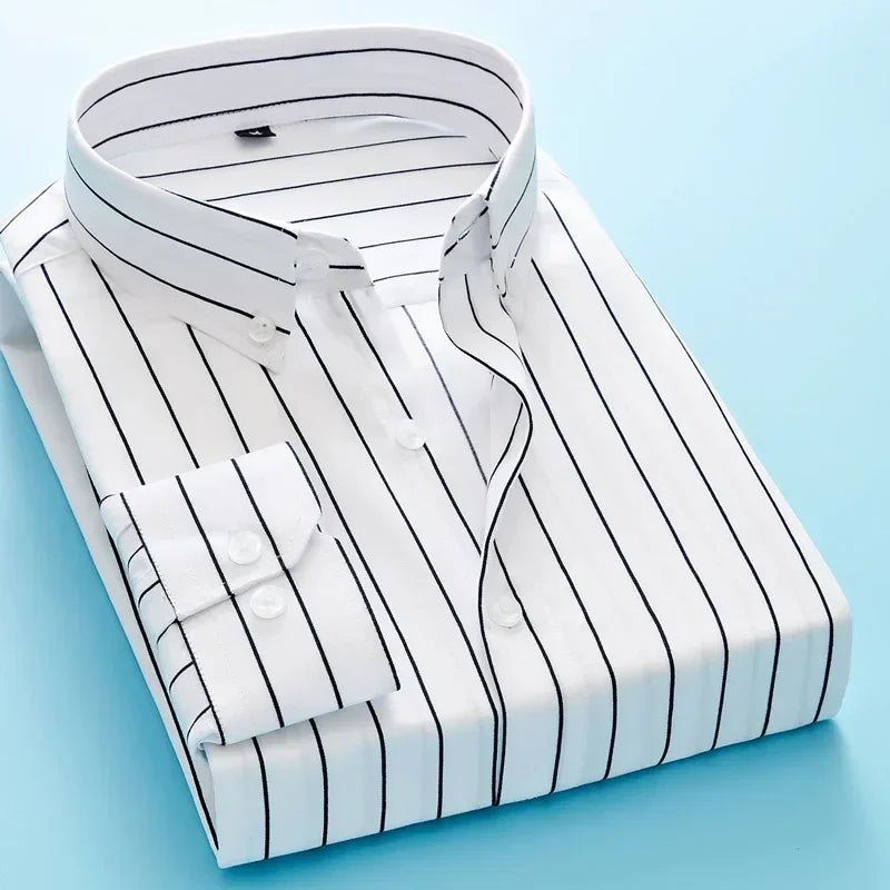 Men's Long Sleeve Blue White Striped Shirt Dress Fashion Standard-fit Button Down Shirts Blouse Men Hip-hop Streetwear Camisas - Ellianto fashion Men's