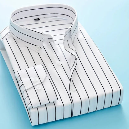 Men's Long Sleeve Blue White Striped Shirt Dress Fashion Standard-fit Button Down Shirts Blouse Men Hip-hop Streetwear Camisas - Ellianto fashion Men's