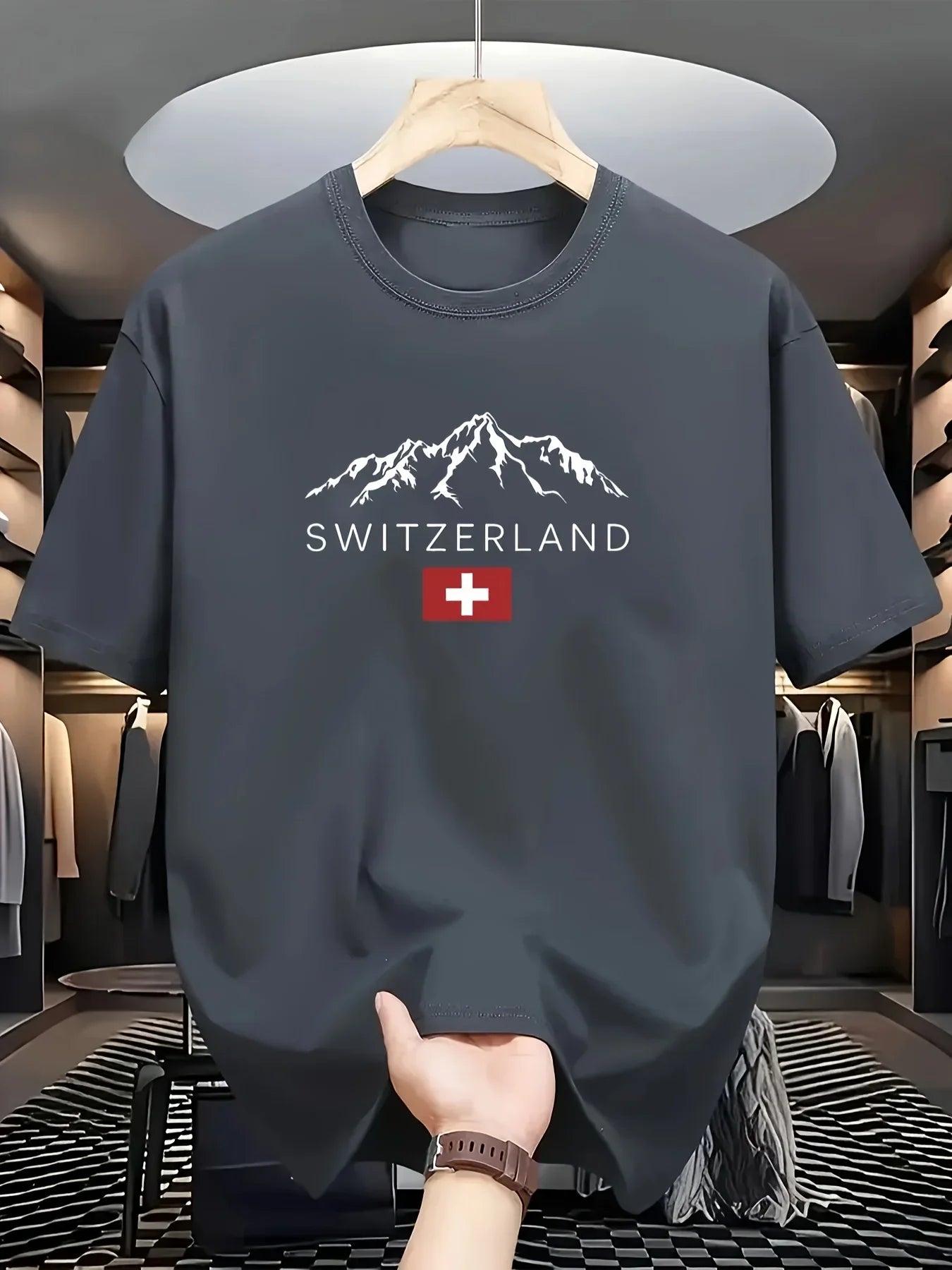 2025 New European Men's Summer 100% Pure Cotton Fashionable Casual Sporty Swiss mountain Pattern Printed round-neck short-sleeve - Ellianto fashion Men's