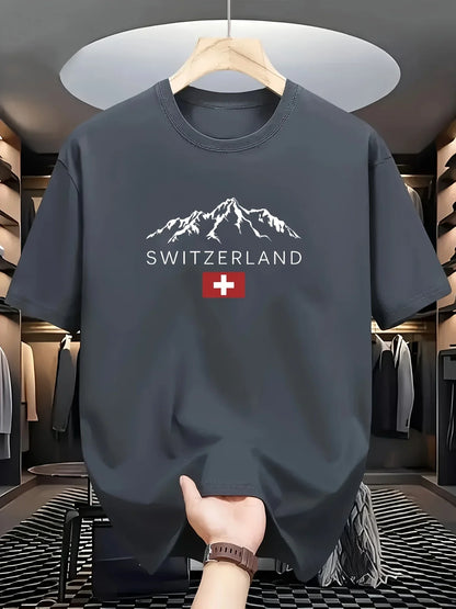 2025 New European Men's Summer 100% Pure Cotton Fashionable Casual Sporty Swiss mountain Pattern Printed round-neck short-sleeve - Ellianto fashion Men's