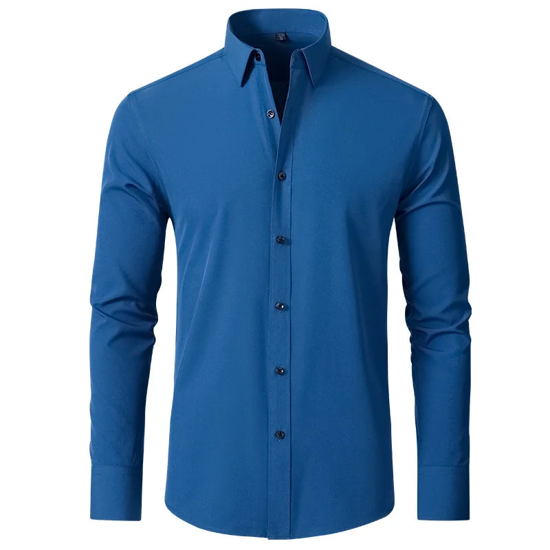 High Elasticity Seamless Spandex Shirt Men Long Sleeve Slim Fit Casual Solid Color Social Formal Dress Shirts 2025 - Ellianto fashion Men's