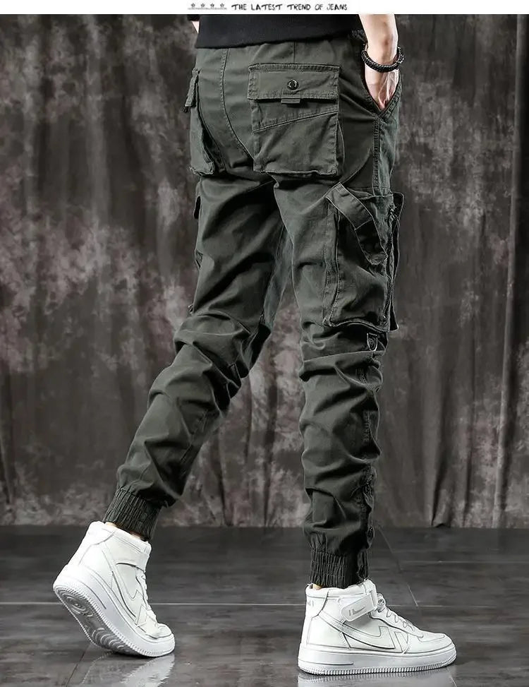 Trendy Men's Spring Autumn Cargo Pants Slim Fit Casual Style Loose Fit American Style Multiple Pocket Small Foot Pants Black - Ellianto fashion Men's