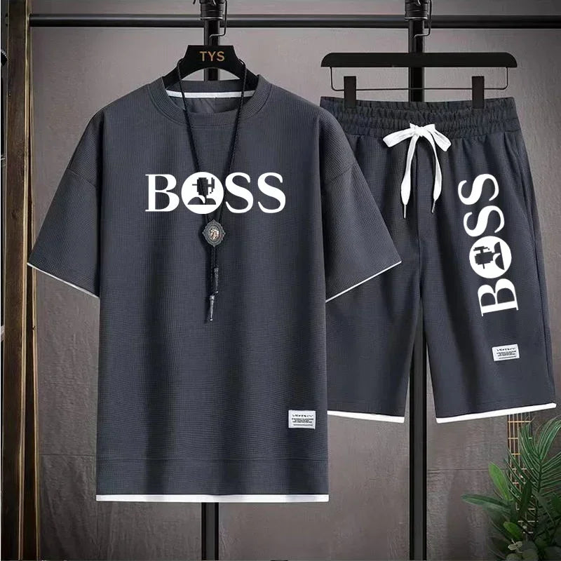 Men's luxury sportswear set casual fitness T-shirt and shorts 2-piece set with short sleeves summer 2025 - Ellianto fashion Men's