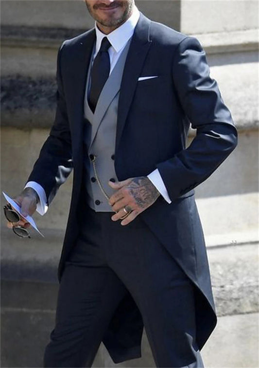 Italian Gentleman Style Wedding Man Long Tail Coat Groom Prom Tuxedos Formal Mens Suits terno masculino (Jacket +Pants +Vest) I - Ellianto fashion Men's