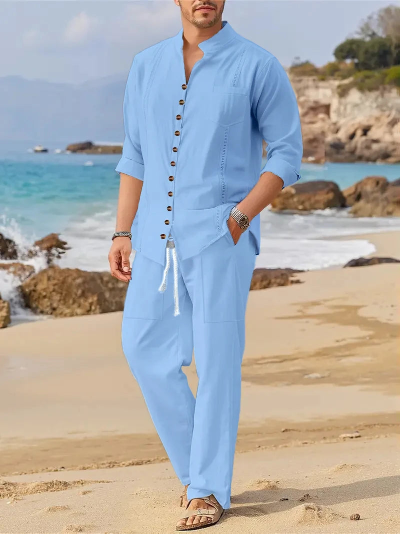Men's Fashionable Cotton Linen Shirt Set with Cuban Pocket Long Sleeve Casual Two-Piece Suit Spring Autumn 100% Natural Fiber - Ellianto fashion Men's