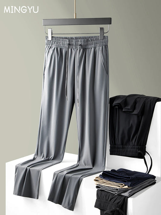 Summer High Stretch Smooth Ice Silk Casual Pants Man Thin Soft Elastic Waist Korean Grey Sweatpants Sports Jogging Trousers Male - Ellianto fashion Men's