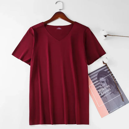 Men's Skinny Undershirt Plus Size Ice Silk Basic Shirts Breathable V-Neck Seamless T-shirt Underwear Thin Slim Bottoming Shirt - Ellianto fashion Men's