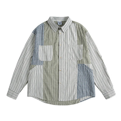 Stripe Splice Shirt Men Japnese Streetwear Fashion Loose Casual Long Sleeve Shirts Cityboy Oversize Cargo Shirts Blouses - Ellianto fashion Men's