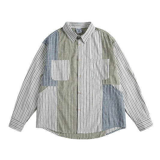 Stripe Splice Shirt Men Japnese Streetwear Fashion Loose Casual Long Sleeve Shirts Cityboy Oversize Cargo Shirts Blouses - Ellianto fashion Men's