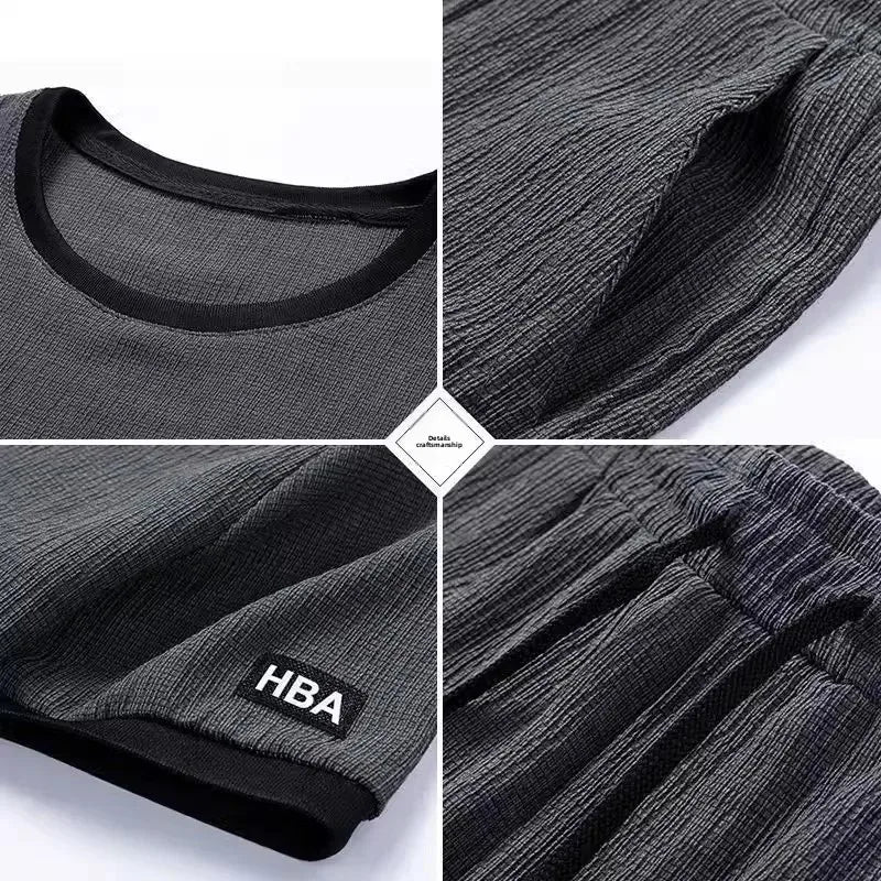 Summer Casual Ice Silk Short Sleeve T-Shirt Shorts Set for Men Fashionable Two-Piece Suit Lightweight Male Clothing Ensemble - Ellianto fashion Men's