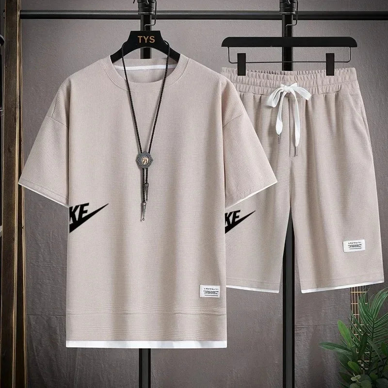 2025 nike Sports fashion casual men's suit summer Korean men's short-sleeved T-shirt + five-point shorts two-piece set - Ellianto fashion Men's