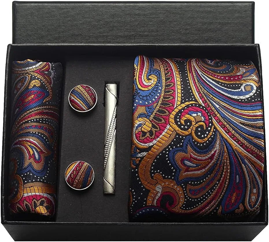 100% Silk Necktie Paisley Floral Mens Tie Top Quality Business Tie Pocket Square Tie Clip Cufflinks Set Classic For Men Gift Box - Ellianto fashion Men's