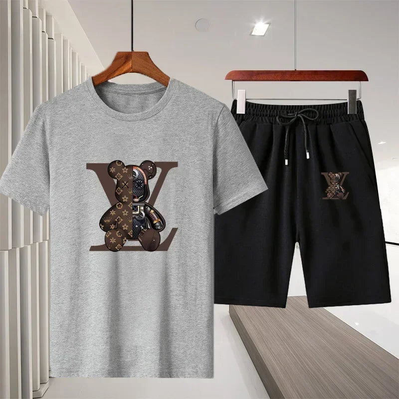 Set 2025 Summer Men's Outdoor Leisure Fitness Jogging Set: Breathable pure cotton short-sleeved T-shirt + quick-drying Shorts, a two - Ellianto fashion Men's