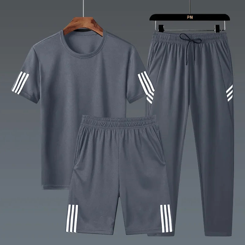 Summer Casual Sports Men's Short Sleeve T-Shirt plus Size Three-Piece Set New Style Long Pants Comfortable Breathable Clothing - Ellianto fashion Men's