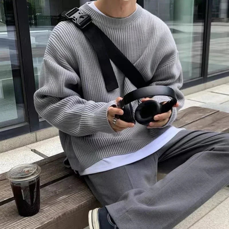Korean Fashion Sweaters Men Autumn Solid Color Wool Sweaters Slim Fit Men Street Wear Mens Clothes Knitted Sweater Men Pullovers - Ellianto fashion Men's