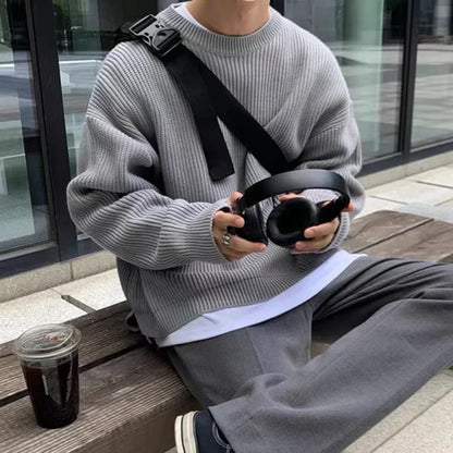 Korean Fashion Sweaters Men Autumn Solid Color Wool Sweaters Slim Fit Men Street Wear Mens Clothes Knitted Sweater Men Pullovers - Ellianto fashion Men's