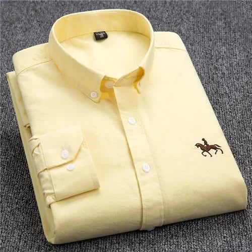 Casual Pure Cotton Oxford Mens Shirts Long Sleeve Embroidery Horse Design Regular Fit Fashion Button Man White Dress Shirt - Ellianto fashion Men's