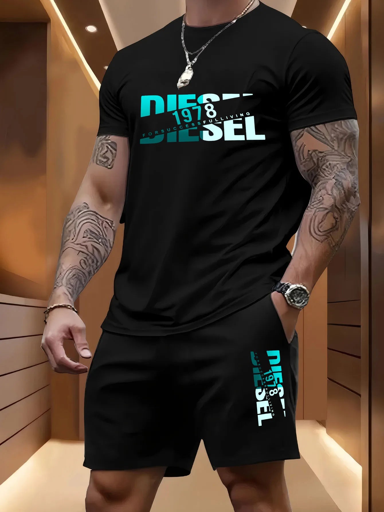 Set Summer men's casual two-piece set round-neck short-sleeved T-shirt and sports shorts for outdoor activities - Ellianto fashion Men's
