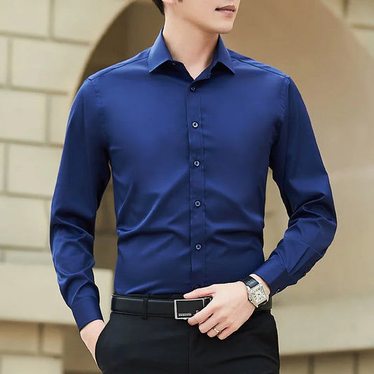 New Plus Size Men Solid Color Business Shirt Fashion Classic Basic Casual Slim White Long Sleeve Shirt Brand Clothes - Ellianto fashion Men's
