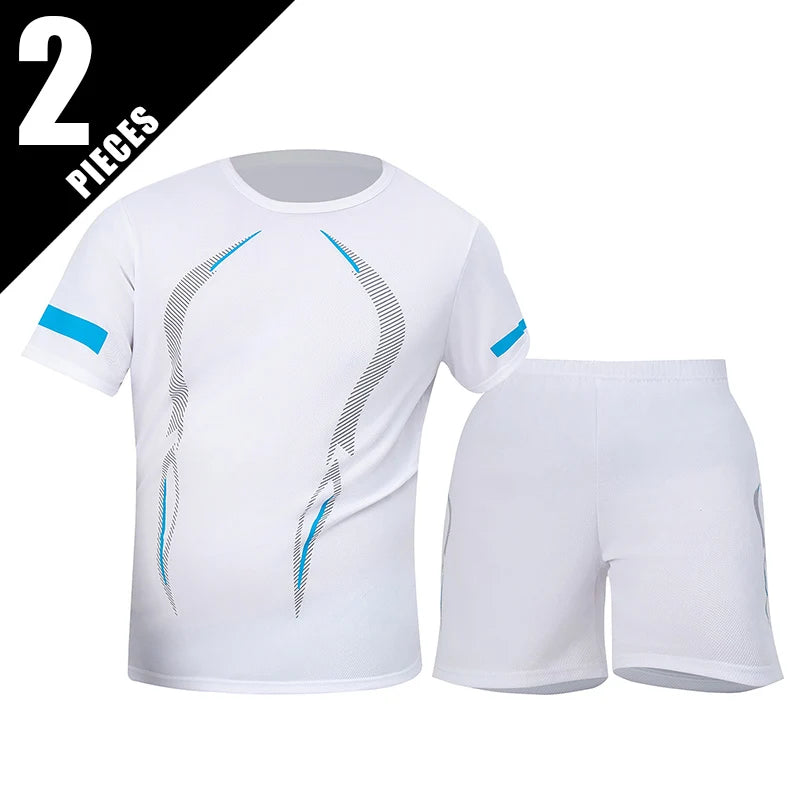 2 Pcs Men's Mesh Breathable Quick-drying Sports Suit Loose Plus Size Running Fitness Mountaineering Casual Short-sleeved Shorts