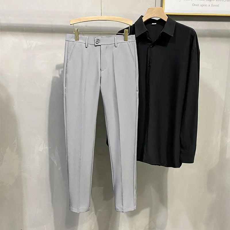 Men's Business Casual Pants Long Trousers Spring Summer Youth Slim Fit Suit Pants Spring Small Foot No Ironing Thin Pants - Ellianto fashion Men's