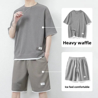 Casual Men's Sportswear Set Summer Short Sleeve Drawstring Shorts Loose Five-Quarter Pants Thin Male Outfit Two-Piece Suit - Ellianto fashion Men's