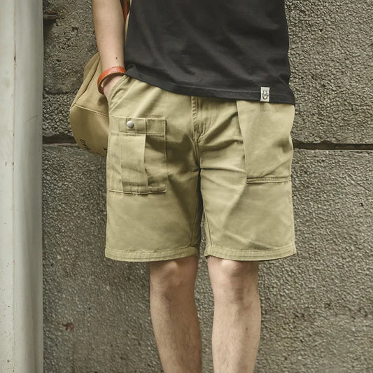 Maden Vintage P37 Cotton Cargo Shorts Men's Summer Solid Color Adjustable Waist Shorts Straight Leg Military Style Casual Bottom - Ellianto fashion Men's