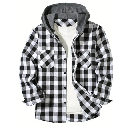 Men's Shirts Classic Plaid Casual Button Down Hooded Long Sleeved Double Pockets Shirt Hoodie Flannel Jacket Spring Autumn Tops - Ellianto fashion Men's
