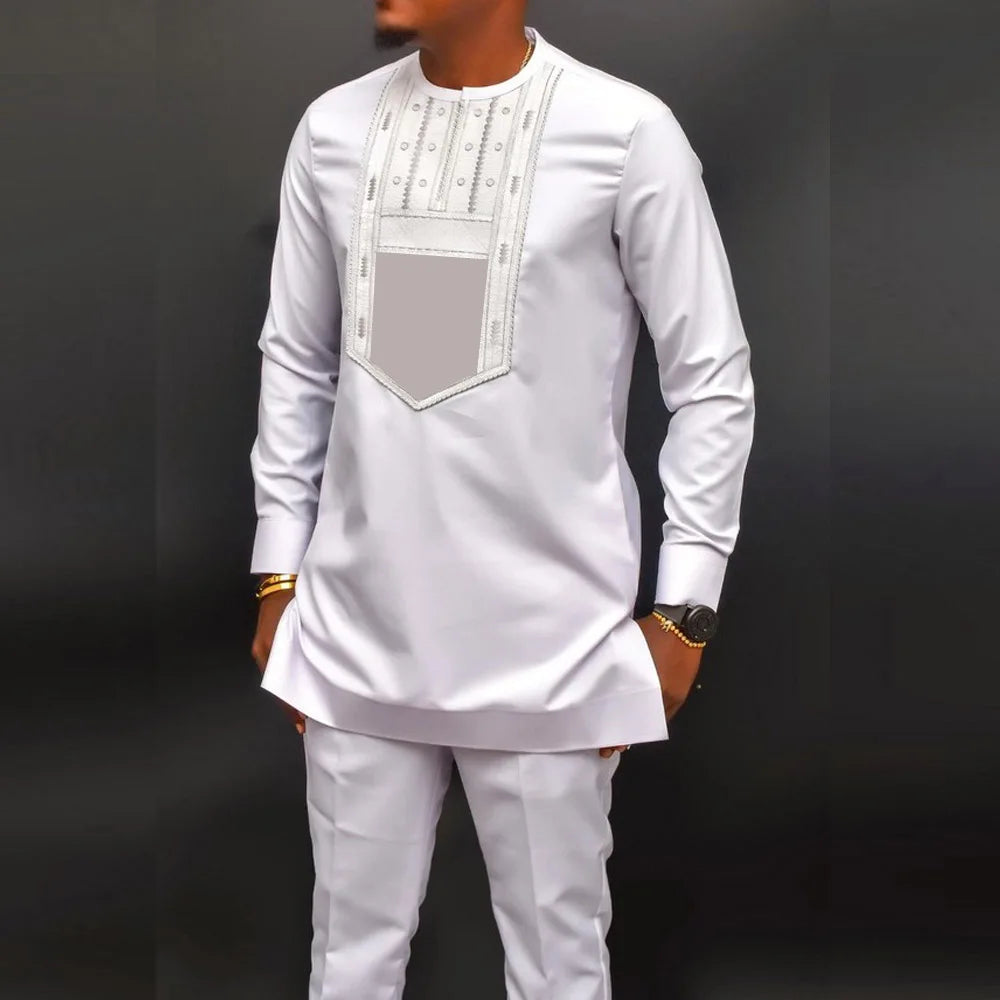 Wedding Suit For Men White Embroidered Pocket Top Pants Ensemble Homme African Traditional Casual Wear 2Pcs Sets Kaftan Outfits - Ellianto fashion Men's