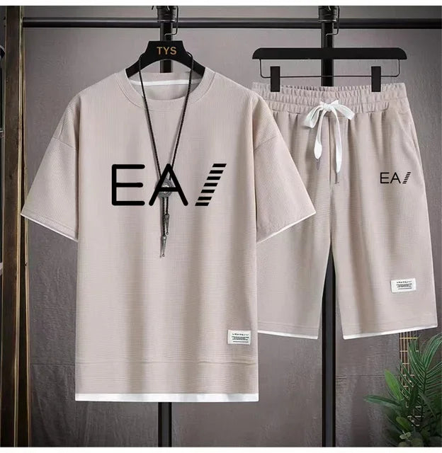 Set A new summer European men's breathable waffle round-neck short-sleeved and jogging sports shorts digital printing two-piece set - Ellianto fashion Men's