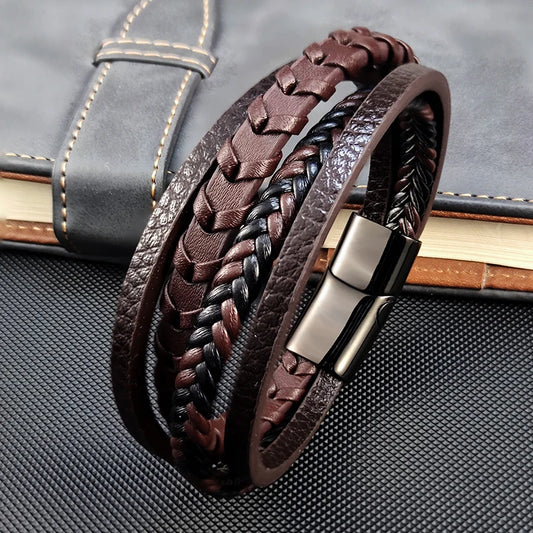 MingAo Men's Bracelet Fashion Multilayer Leather Stainless Steel Magnet Buckle Bracelet Birthday Jewelry Men's Accessories Gift - Ellianto fashion Men's
