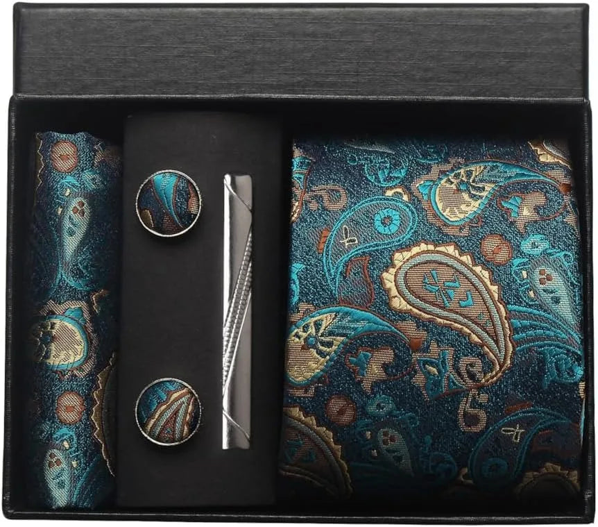 100% Silk Necktie Paisley Floral Mens Tie Top Quality Business Tie Pocket Square Tie Clip Cufflinks Set Classic For Men Gift Box - Ellianto fashion Men's
