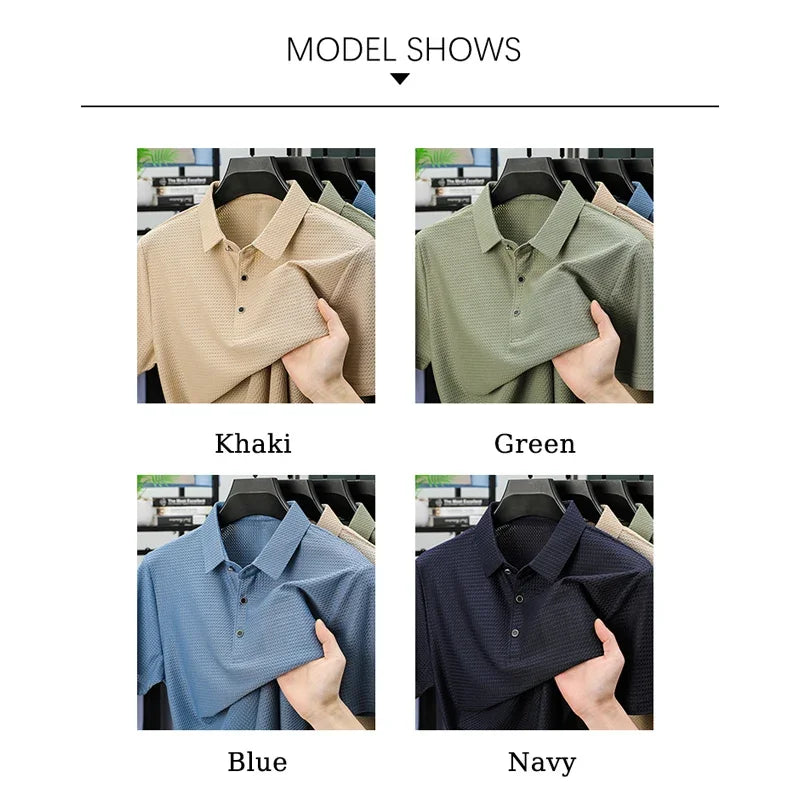 BROWON Brand 2025 Summer Polo T-shirt Men Short Sleeve Lapel Jacquard Cool Breathable Handsome Work Polo Shirt for Man 4XL - Ellianto fashion Men's