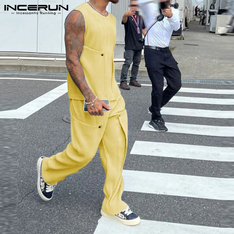 INCERUN Men Sets Solid Color Streetwear O-neck Sleeveless Tank Tops & Pants 2PCS Summer Loose Fashion Men's Casual Suits S-2XL - Ellianto fashion Men's