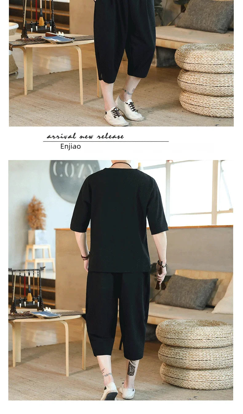 Men's Loose-fit Casual Pants Set Chinese Style Cotton Linen Short Sleeve Shirt Seven-point Shorts Two-piece Suit - Ellianto fashion Men's