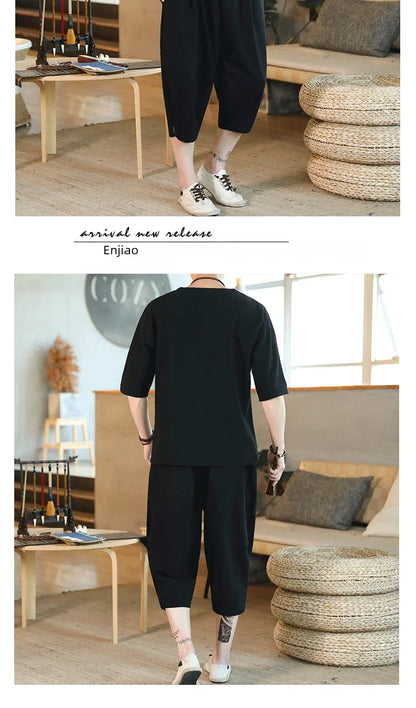 Men's Loose-fit Casual Pants Set Chinese Style Cotton Linen Short Sleeve Shirt Seven-point Shorts Two-piece Suit - Ellianto fashion Men's