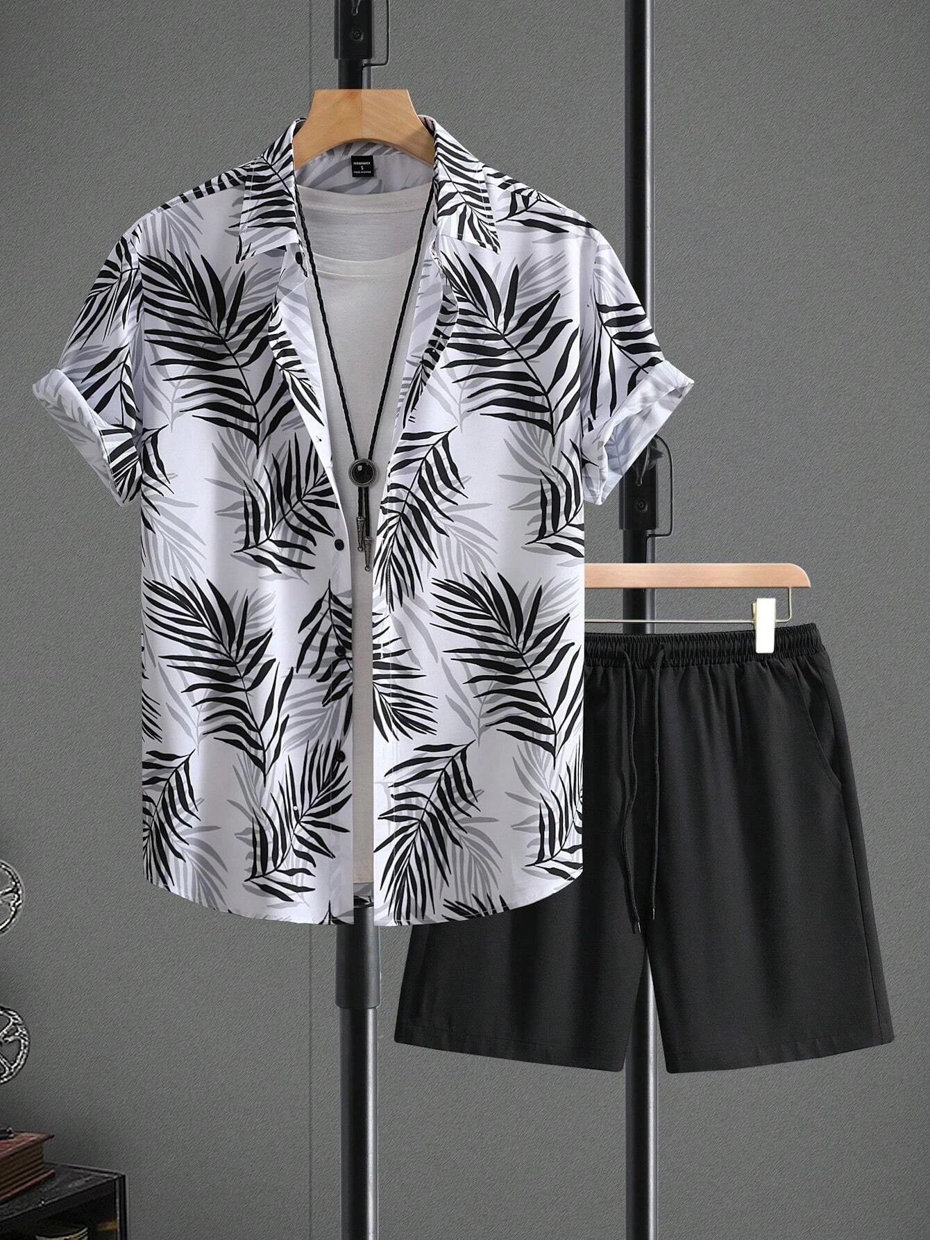 Set Summer Fashion Men's Suit Elegant Plant Printing Pattern Short-sleeved Lapel Shirt And Drawstring Shorts Leisure Two-piece Suit - Ellianto fashion Men's