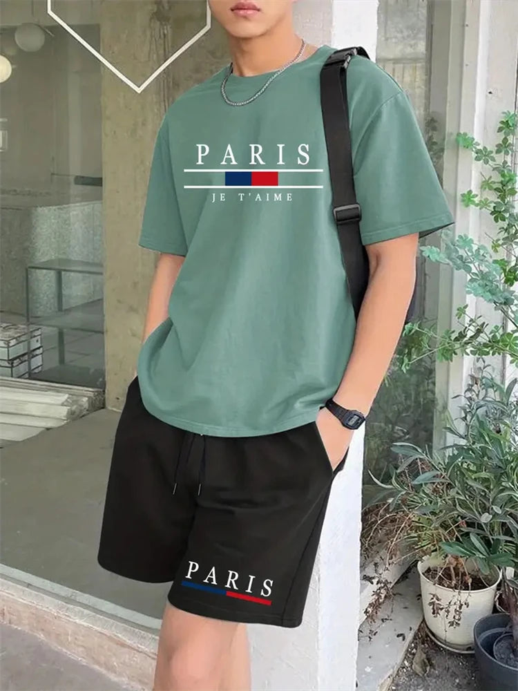 set / 2025 New Fashion Design Men's T-Shirt Men's Sports Drawstring Shorts Simple Printed Men's 2-Piece Summer Gym Breathable Suit - Ellianto fashion Men's