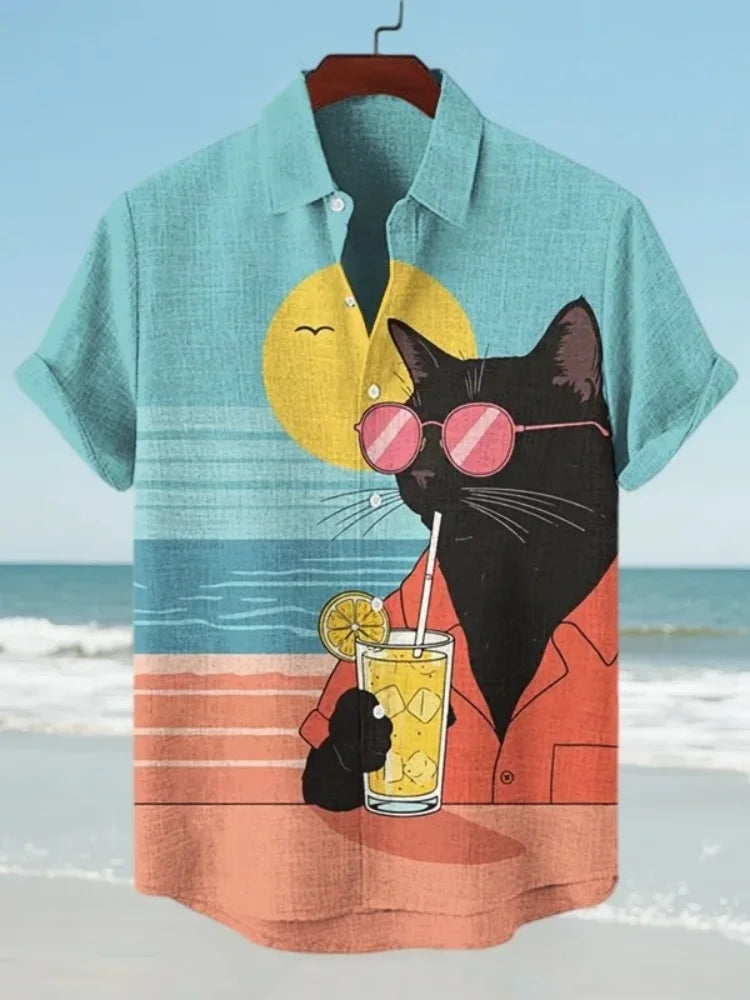 Set Men's Fashion Retro Printed Short Sleeved Shirt Hawaiian Summer Shirts Men Beach Black Cat Vacation Art Printing Casual Blouse - Ellianto fashion Men's