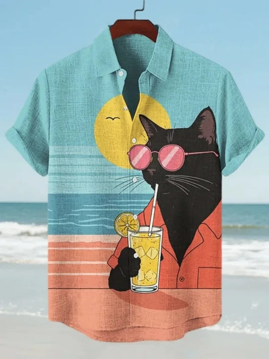 Set Men's Fashion Retro Printed Short Sleeved Shirt Hawaiian Summer Shirts Men Beach Black Cat Vacation Art Printing Casual Blouse - Ellianto fashion Men's