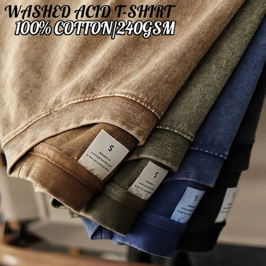 240G High Quality Men Clothes Washed T-Shirts Korean Y2k Short Sleeve T Street Retro Vintage Solid Cotton Oversized Hip Hop Punk - Ellianto fashion Men's